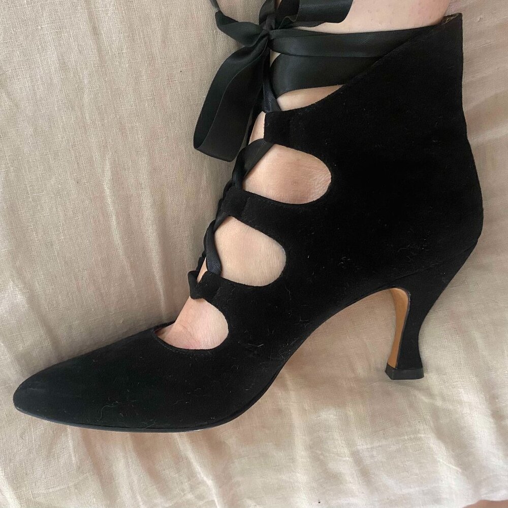 Black genuine suede leather lace up Victorian/ Edwardian sexy heels